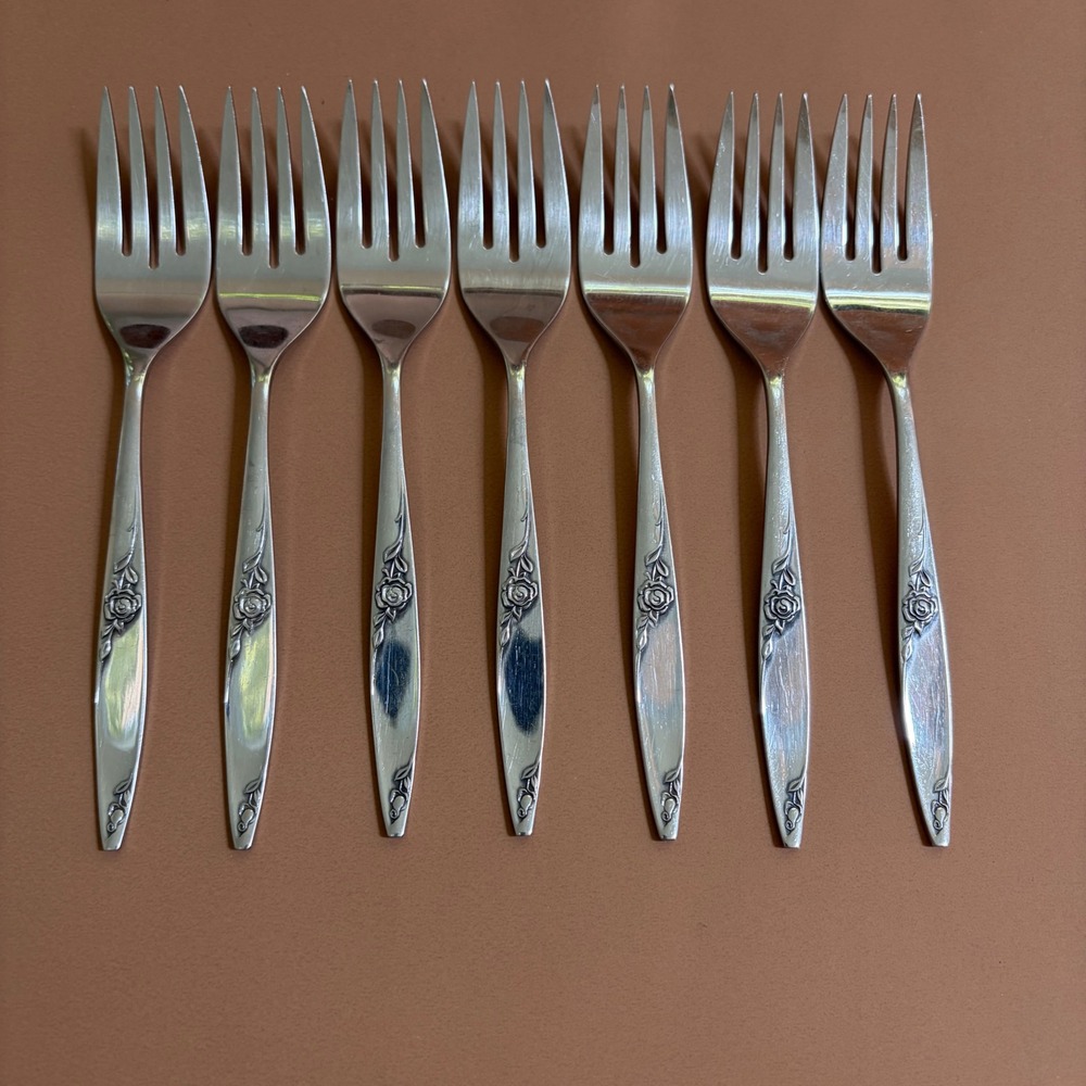 West Bend Twilight Rose Stainless Salad Forks Set of 7 USA Floral Flatware